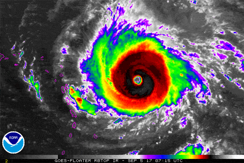 A color-coded infrared satellite loop shows an animation of Hurricane Irma approaching the Leeward Islands on Sept. 5.